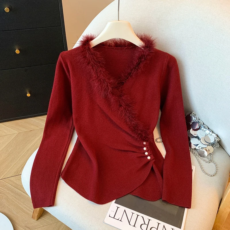 

Irregular Red Sweater Women Fashion Faux Fur Patchwork Black Knitted Pullovers Korean V Neck Knitwears Winter Design Jumpers New
