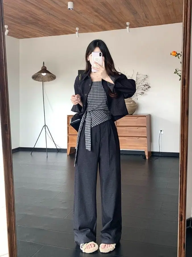

Spring Korean Style Ageless Plaid Women's Outerwear Long Sleeve Wrap Dress Wide Leg Pants Three Piece Set Fashionable Casual
