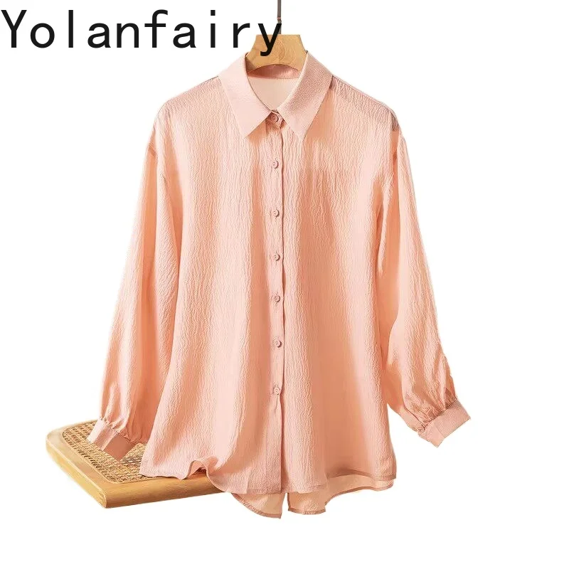 

YOLANFAIRY Fashion 100% Real Mulberry Silk Shirts Woman Clothing Summer 2026 Long Sleeve Tops Women Elegant Shirt Pink Blouses