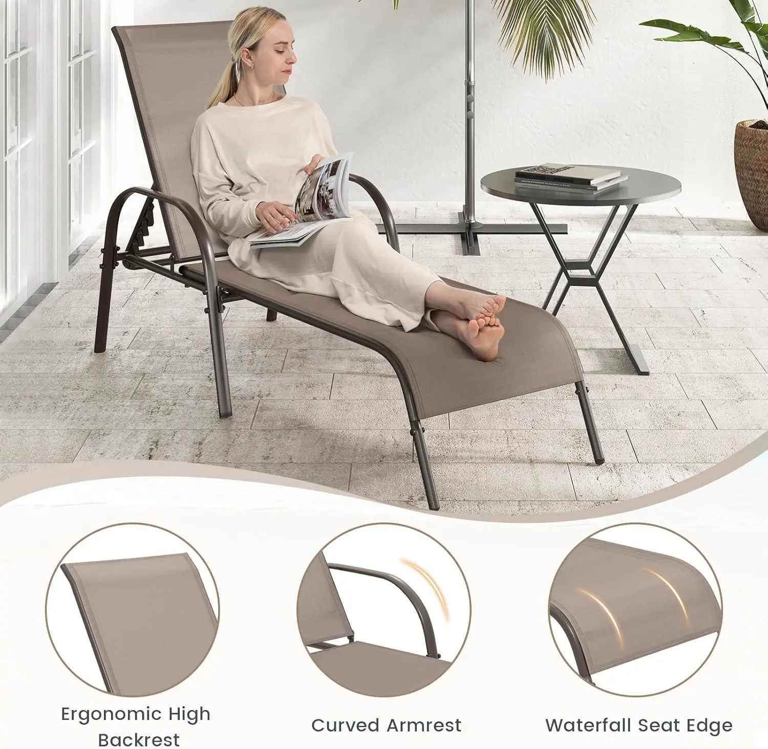 Confezione da 2 poltrone da patio, 5 schienali regolabili, robusta struttura in acciaio, poltrona reclinabile per prendere il sole, spiaggia, abbronzatura, piscina, marrone