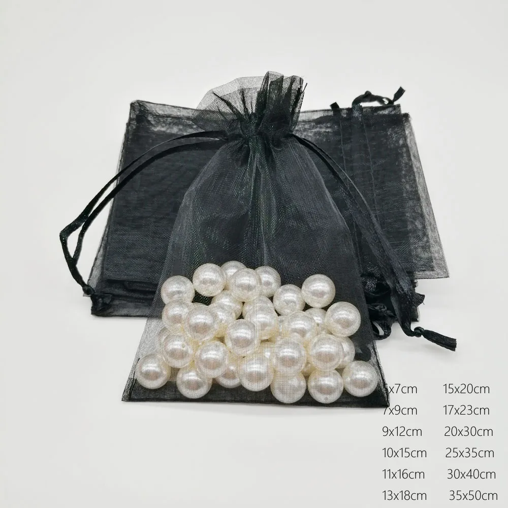 1000pcs Large Christmas Organza Drawstring Gift Bags Black Sachet Pouches Packaging Wedding Party Favors Birthday Displays