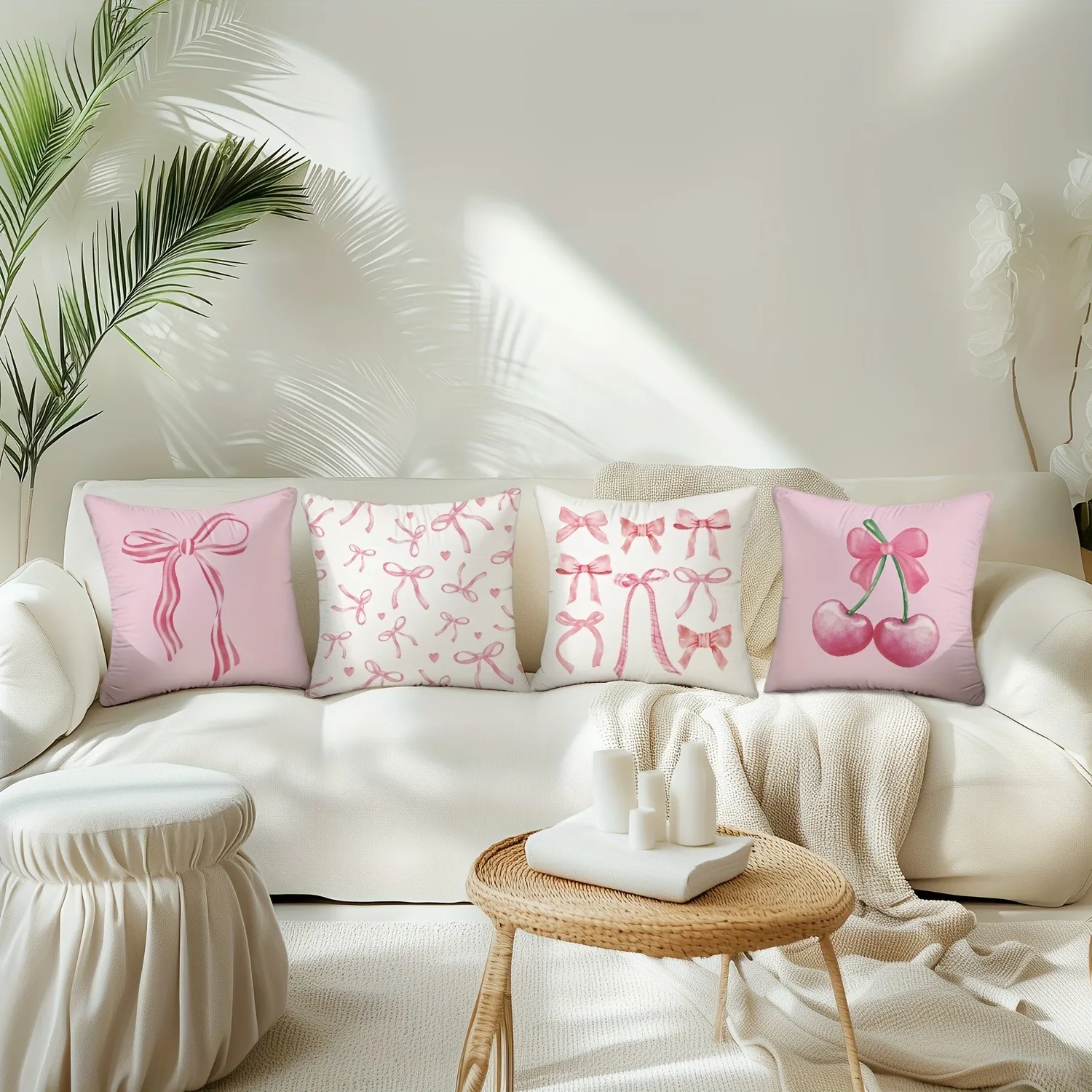 Pink bow cherry pattern printed pillowcase, soft and comfortable, sofa cushion cover, suitable for all kinds of rooms and places