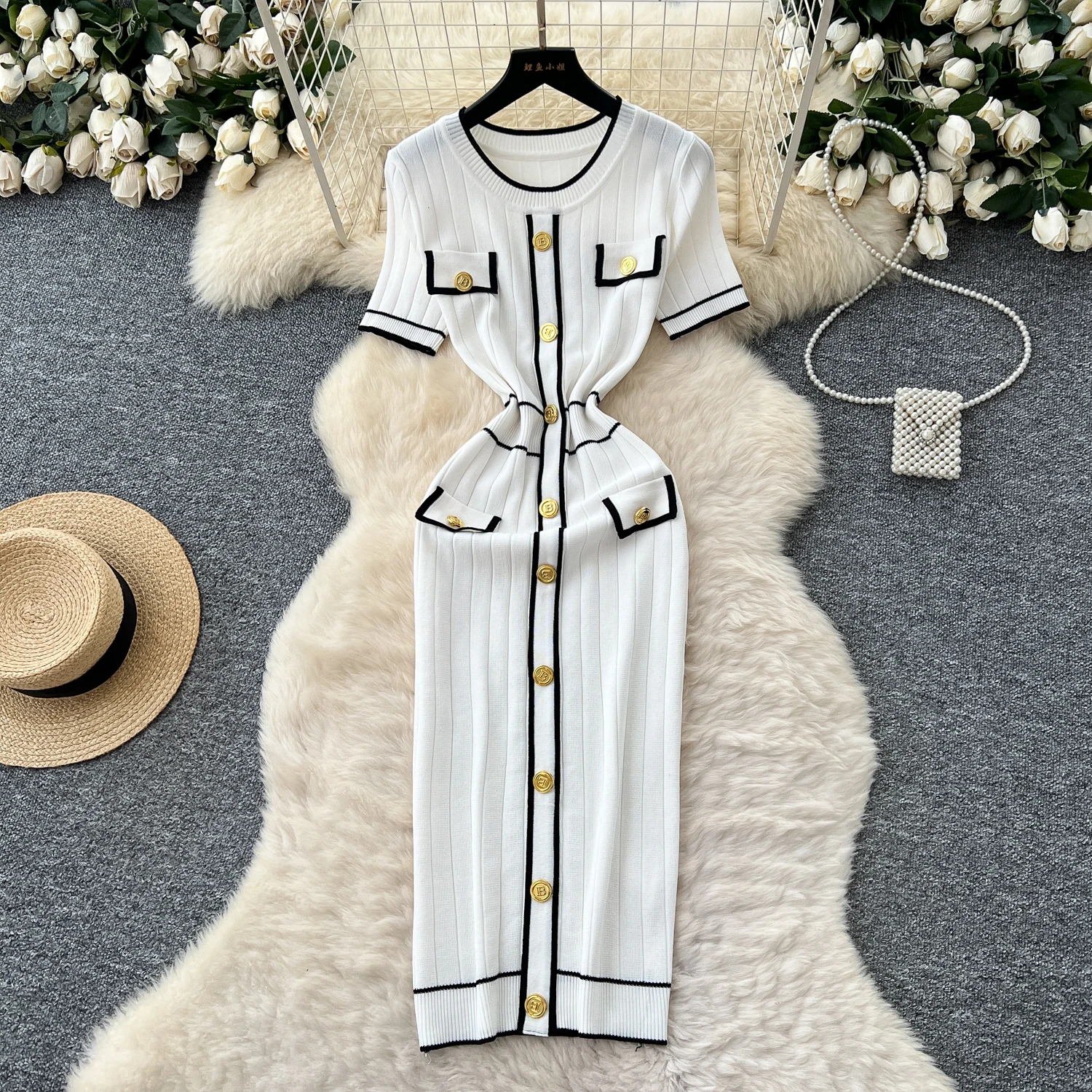 Chique vintage gebreide O-hals korte mouw geplooide elegante fee Koreaanse mode Boho zonnejurk dameskledingjurk