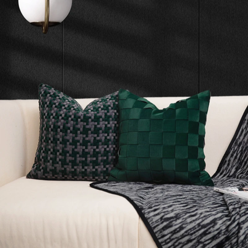 Italian Premium Handmade Woven Cushion Cover Suede Geometric Plaid Woven Pillow Cases Luxury Houndstooth Crocheted Pillow Covers