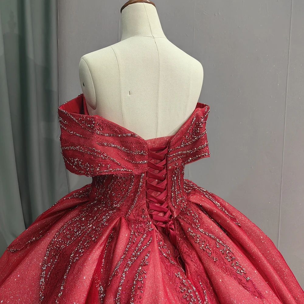 Red Queen Style Off The Shoulder Sparkle Ball Gown Wedding Dress Beadings Glitter Tulle Evening Dress 9830-2