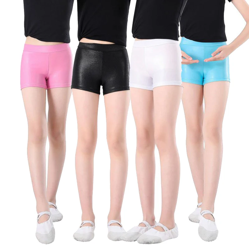 Dance Shorts for Kids Girls Hot Stamping Pants Elastic Children Glossy Gymnastic Dancewear Solid Color Sports Shorts