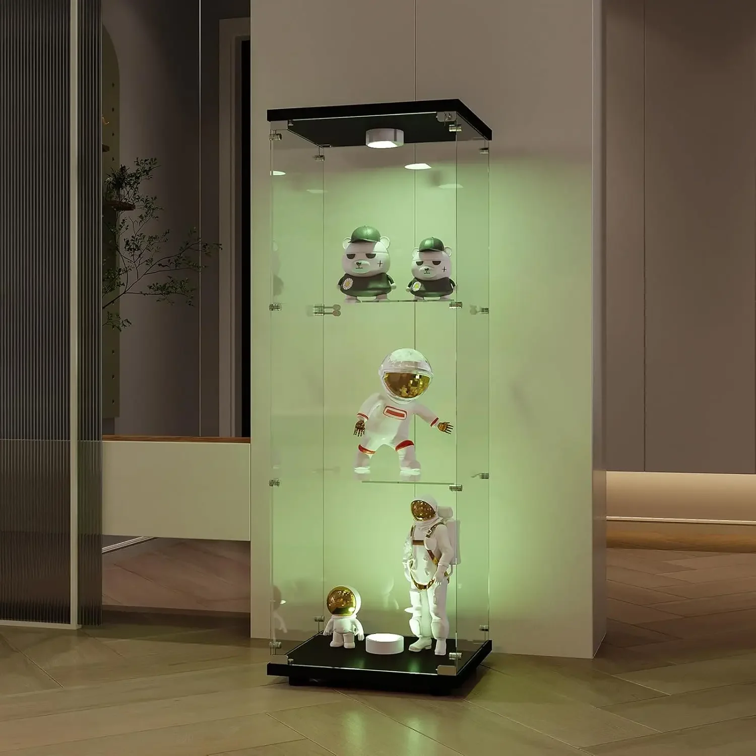 Vitrine en verre polyvalente, armoire en verre trempé à une porte avec serrure et protection par pare-chocs, meuble de rangement autonome pour la décoration de la maison et du bureau.