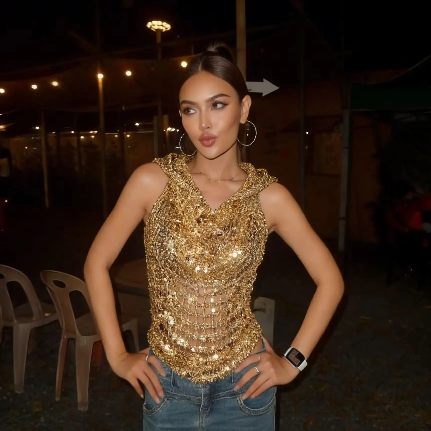 Women Shiny Gold Sequin Hooded Top Sexy Mesh See Through Hollow Halter Backless Crop Top Rave Festival Party Tank Top Camisole