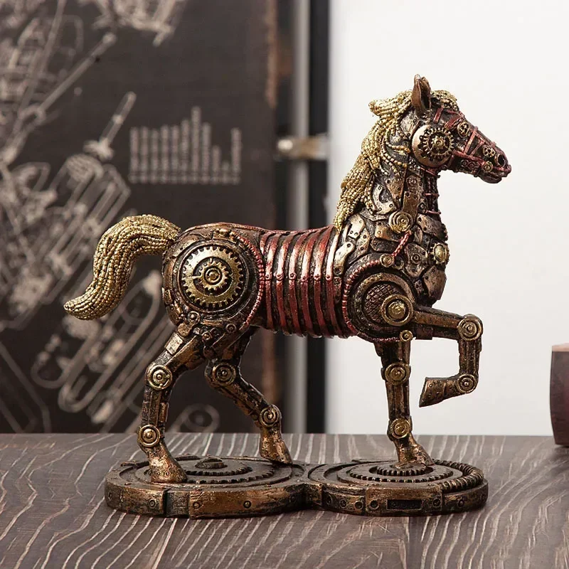 Inspired Mechanics Horse Figurines Resin Animal Steampunk Metal Statues Home Office Tabletop Decor Feng Shui Ornament