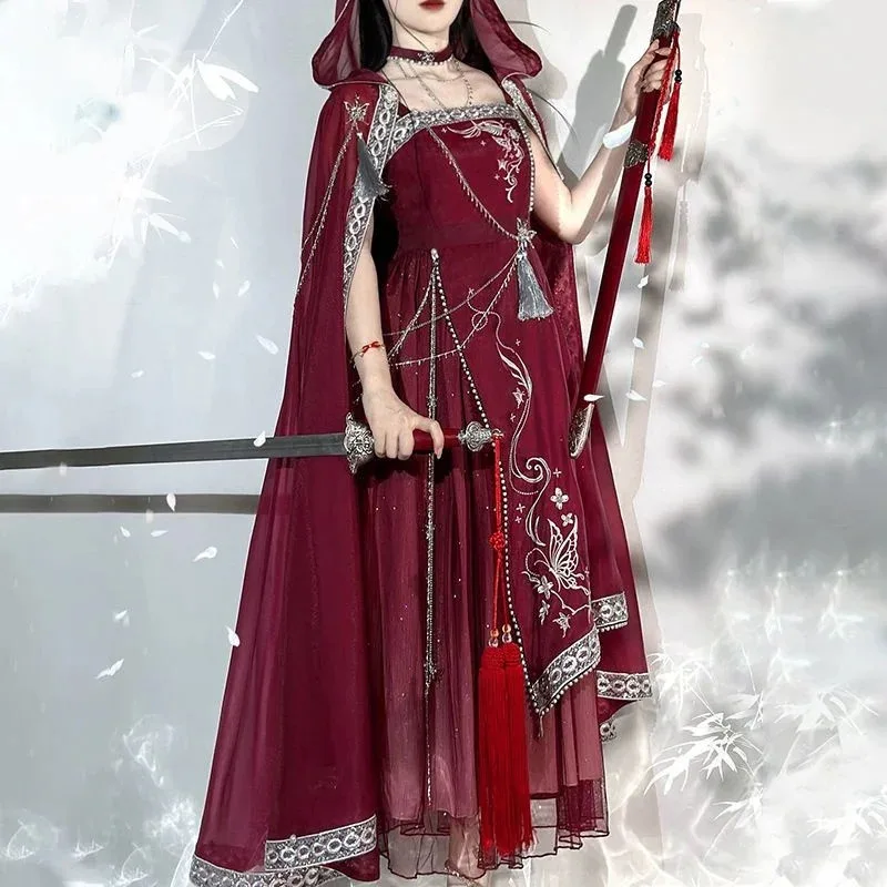Starry River Dreams-vestido rojo Miao Han Element con tirantes, faldas de estilo chino, vestidos góticos para mujer, capa roja y azul