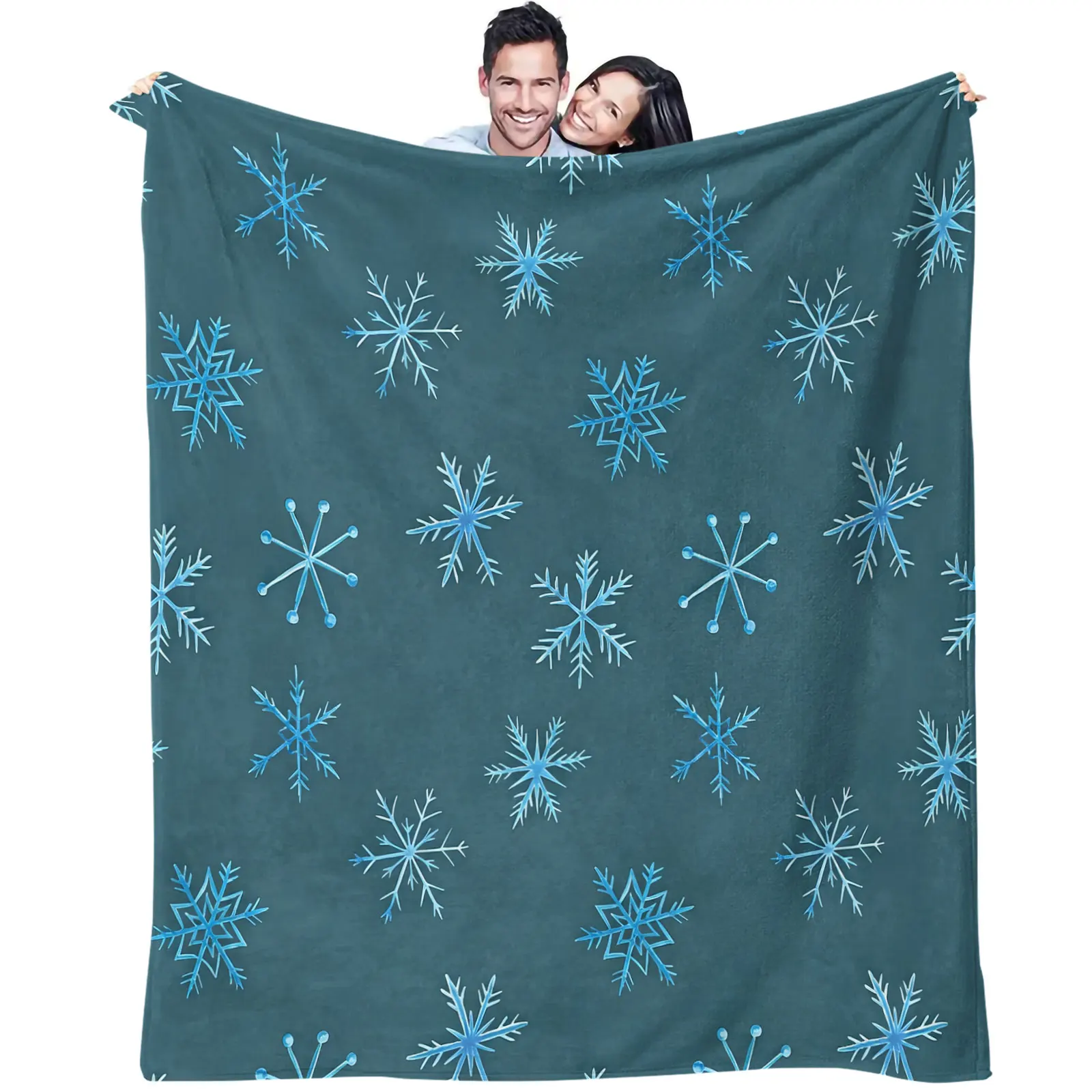 Dark Teal Blue Snowflake Print Flannel Throw Blanket Super Soft Warm Plush Blanket Winter Christmas Blanket Xmas Holiday Gift
