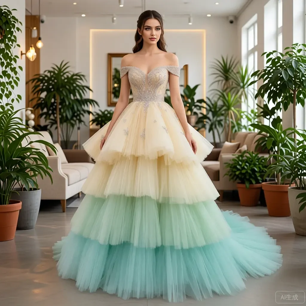 

Элегантное градиентное платье принцессы с открытыми плечами, многослойной тюлевой юбкой и поясом со стразами для свадебных и вечерних мероприятий