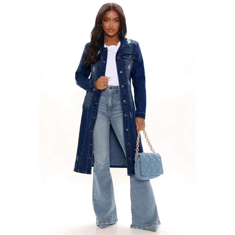 Nuovo arrivo moda foro cotone autunno inverno giacca di jeans lunga 2023 trench cardigan jeans mantello donna manica lunga Jean cappotto