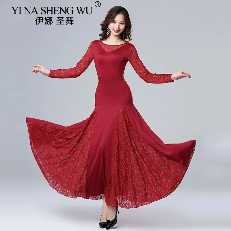 Adult Modern Dance Dress Waltz Flamenco Ballroom Dance Competition Performance Costumes Women Lace Long Sleeve Dance Dress
