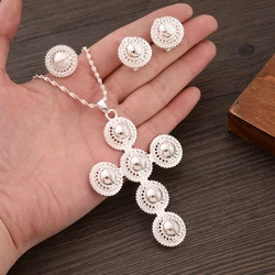 Tai Chi Pattern Silver Plated Vintage Dubai African Cross Jewelry Set Women Men Charms Necklace Earrings Wedding  Gifts