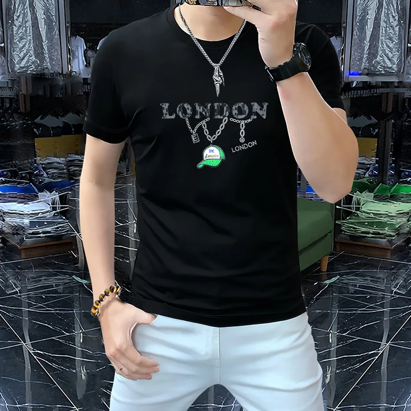 

2025 Luxury Men's Short Sleeve T-Shirt Rhinestone Letter Print Round Neck Slim Fit Ice Silk Cotton Comfortable Trendy Clothing