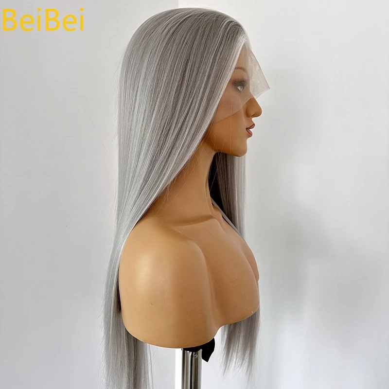 Wig Renda Sorotan Abu-abu-putih 13*4 Wig Renda Depan untuk Wanita 26 Inci Wig Renda Sintetis Kualitas Tinggi Abu-abu Perak untuk Cosplay