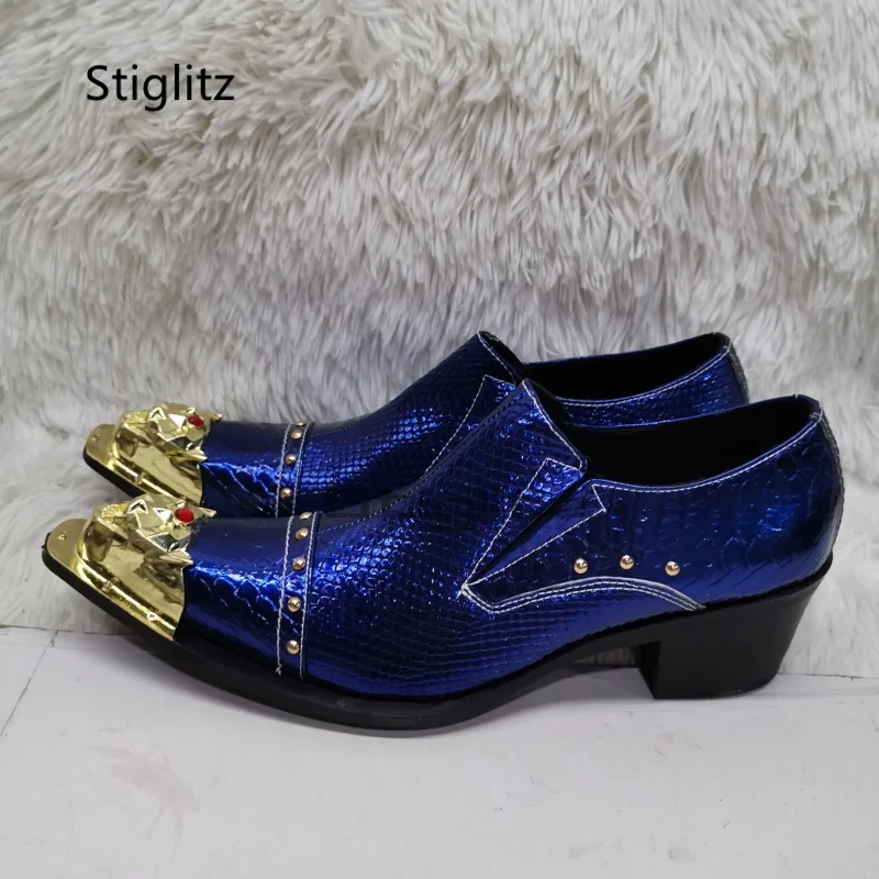 

Men's Gold Blue Red High Heel Leather Shoes Metal Pointed Toe Rivet Luxury Party Dress Shoes Snake Pattern Slip On Male Shoe