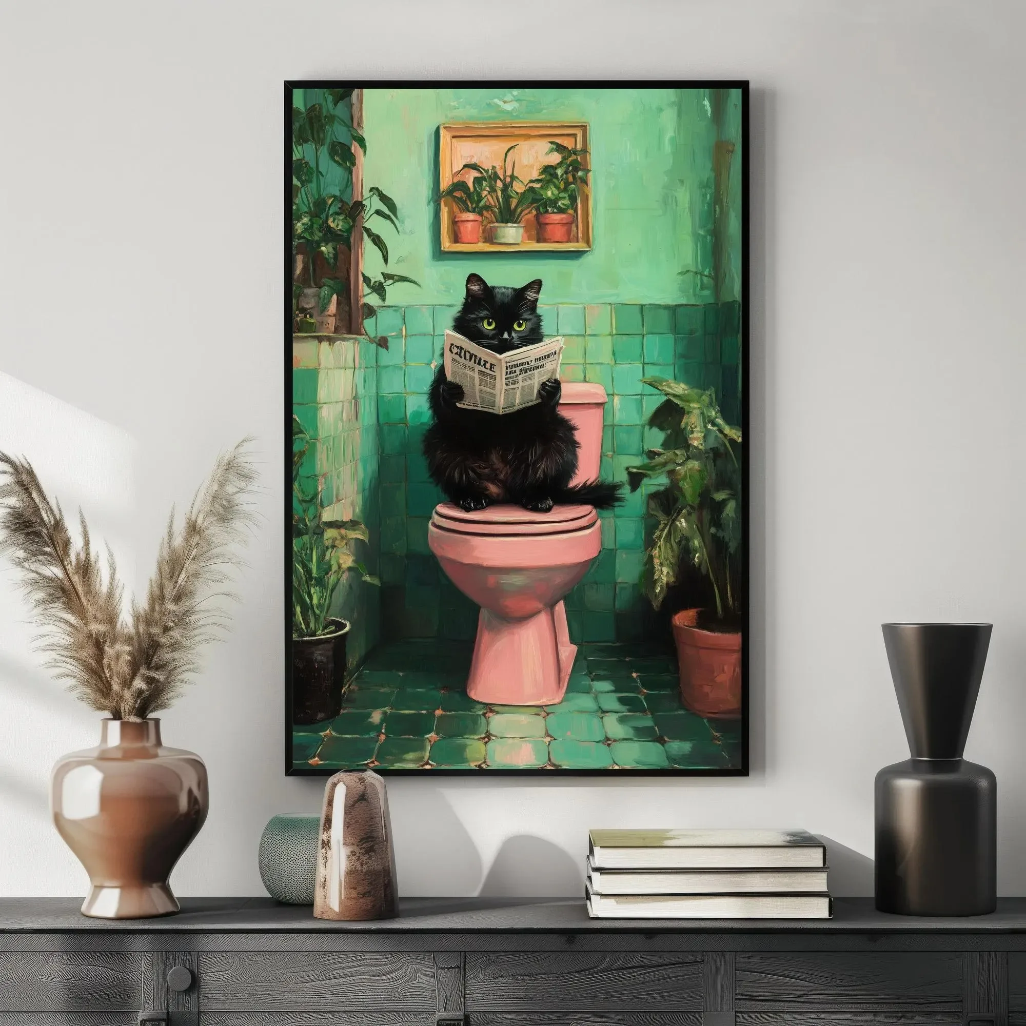 

Bathroom cat reading newspaper print Cat sitting on toilet bathroom humor wall painting Quirky cat funny poster Home decoration