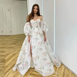 Stylish Floral A-line Puff Sleeves Prom Dress  Sexy Strapless Side Slit Evening Dress Wedding Party Dress Formal Party Gowns