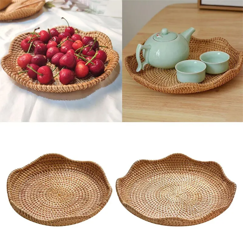 Handwoven Rattan Storage Basket Fruit Picnic Basket Cake Wicker Tray Food Bread Plate Snack Box Sundries Container Kitchen Decor