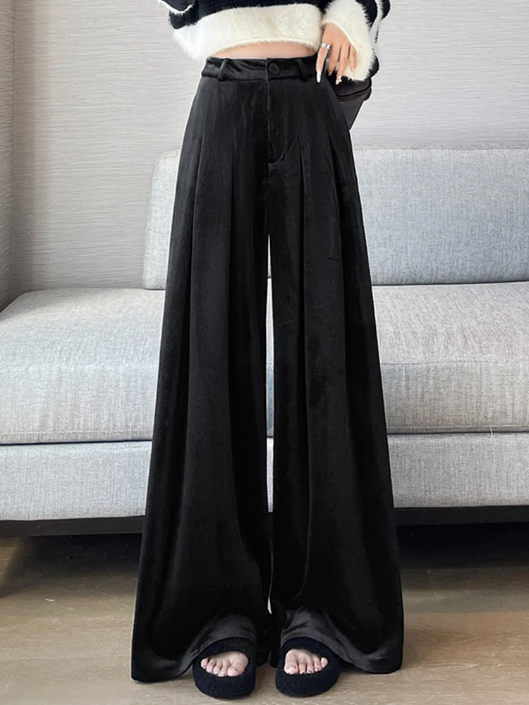 بنطلون نسائي واسع الساق من القطيفة الذهبية بخصر مرتفع وتصميم منسدل، سروال فضفاض بطول الأرض للخريف والشتاء، تصميم جديد أنيق