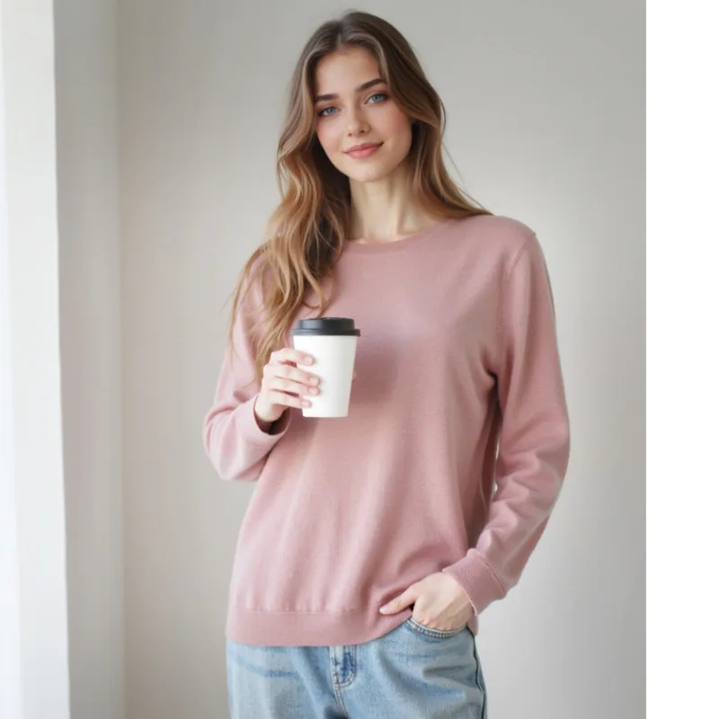 

Autumn 100% Pure Wool Sweater,Women Round Neck Loose Long Sleeve Solid Color Pullovers Knitwear
