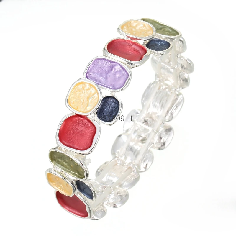 

Y Colorful oil painting geometric square alloy bracelet for women, fashionable and high-end elastic rope bracelet