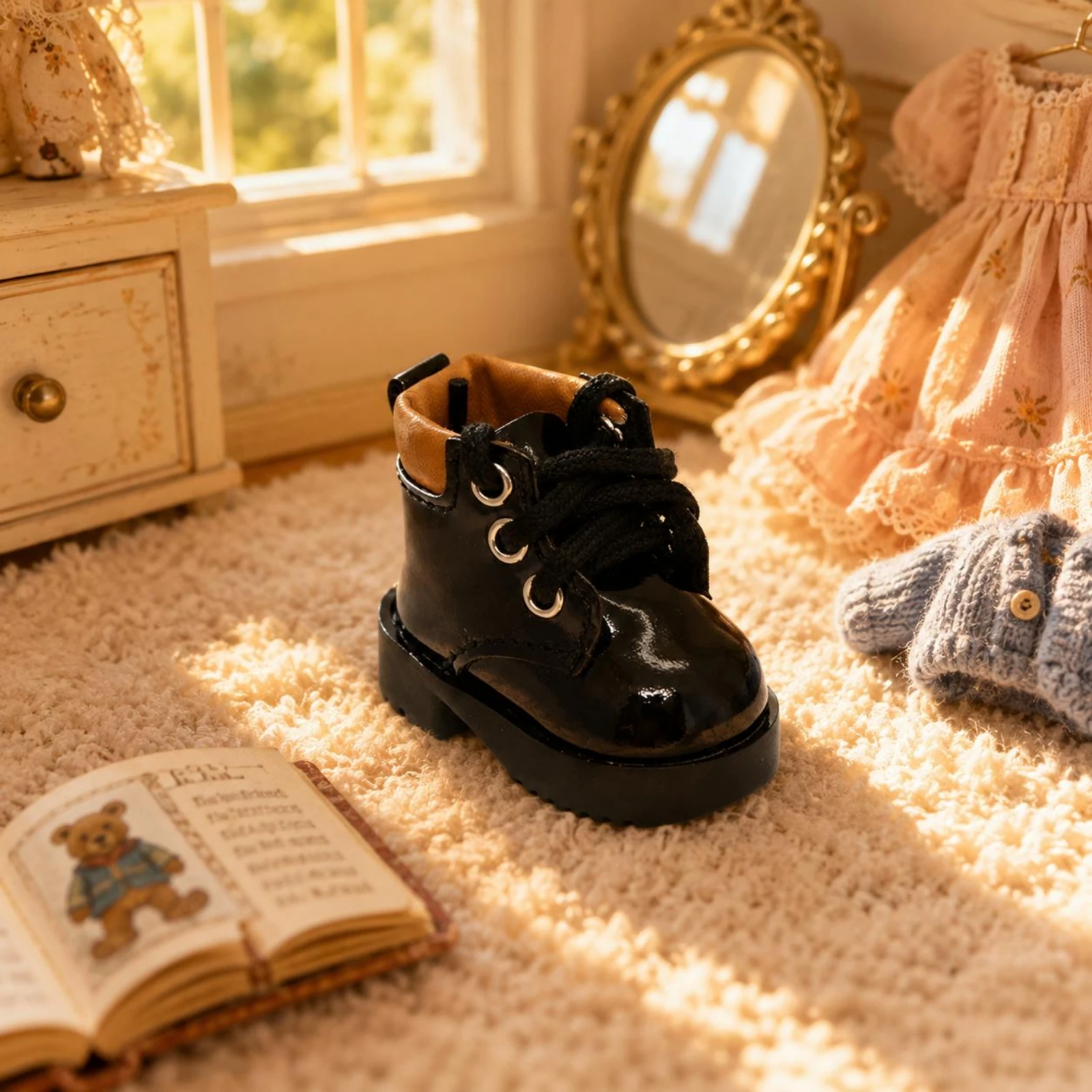 Black Lace-up Doll Boots Rounded Toe Jointed Doll Boots Toy Item Eyelet Feature Stitched