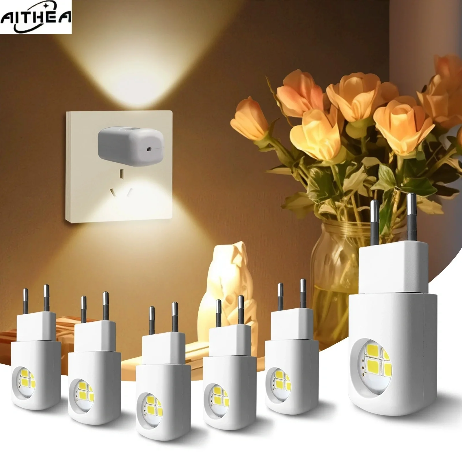 

AITHEA Auto Dusk to Dawn LED Night Light Plug-In EU/US 220V Wall Socket Lamp Energy-Saving for Kids Room Bathroom WC