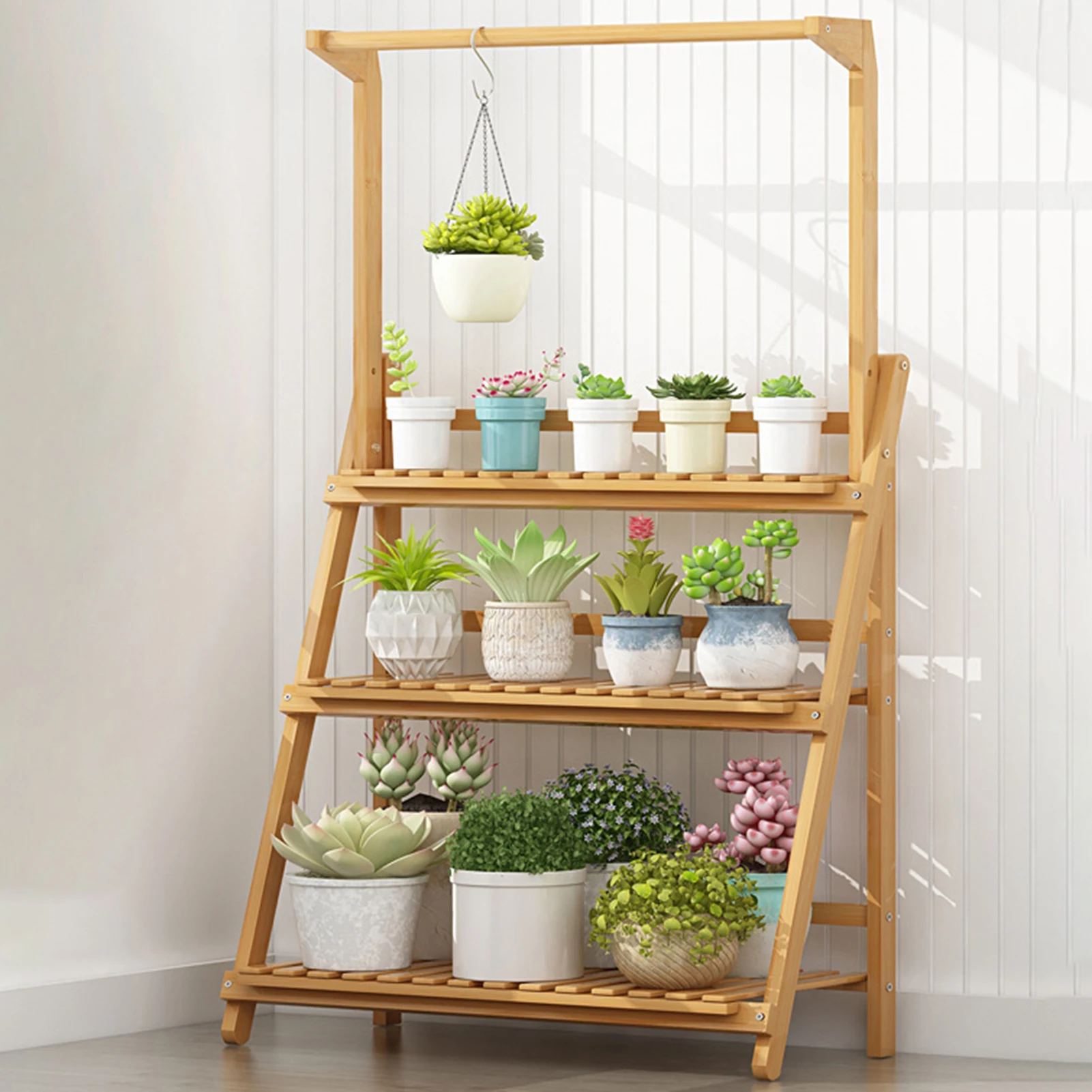 3 Tier Bamboo Plant Stand Outdoor Indoor Flower Stand Folding Plant Display Stand Ladder Shelf Corner Planter