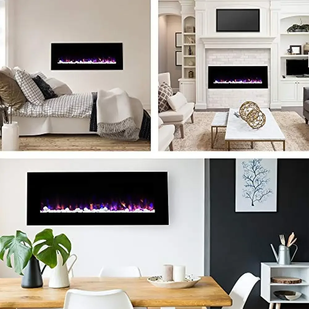 54" Black Wall Mounted Electric Fireplace Heater Remote Control LED Flame Timer Heat Modern Home Decor Functional 750/1500W