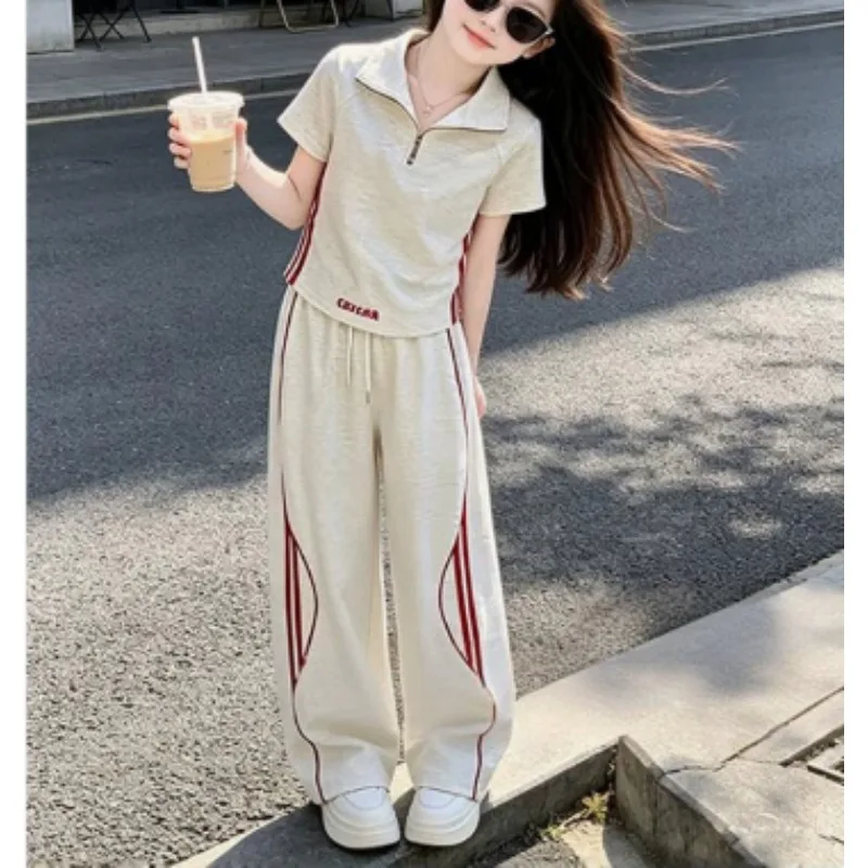 2026 New Summer Girls 2Pcs Outfits Thin Short Sleeve Tops Sports Pants Set Fashion Trendy Casual Kids Two Piece Clothing Suit Fo