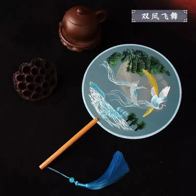 Chinese Round Silk Fan Double-Sided Embroidery Handmade Vintage Palace Fan For Hanfu Cheongsam Dance Performance Costume