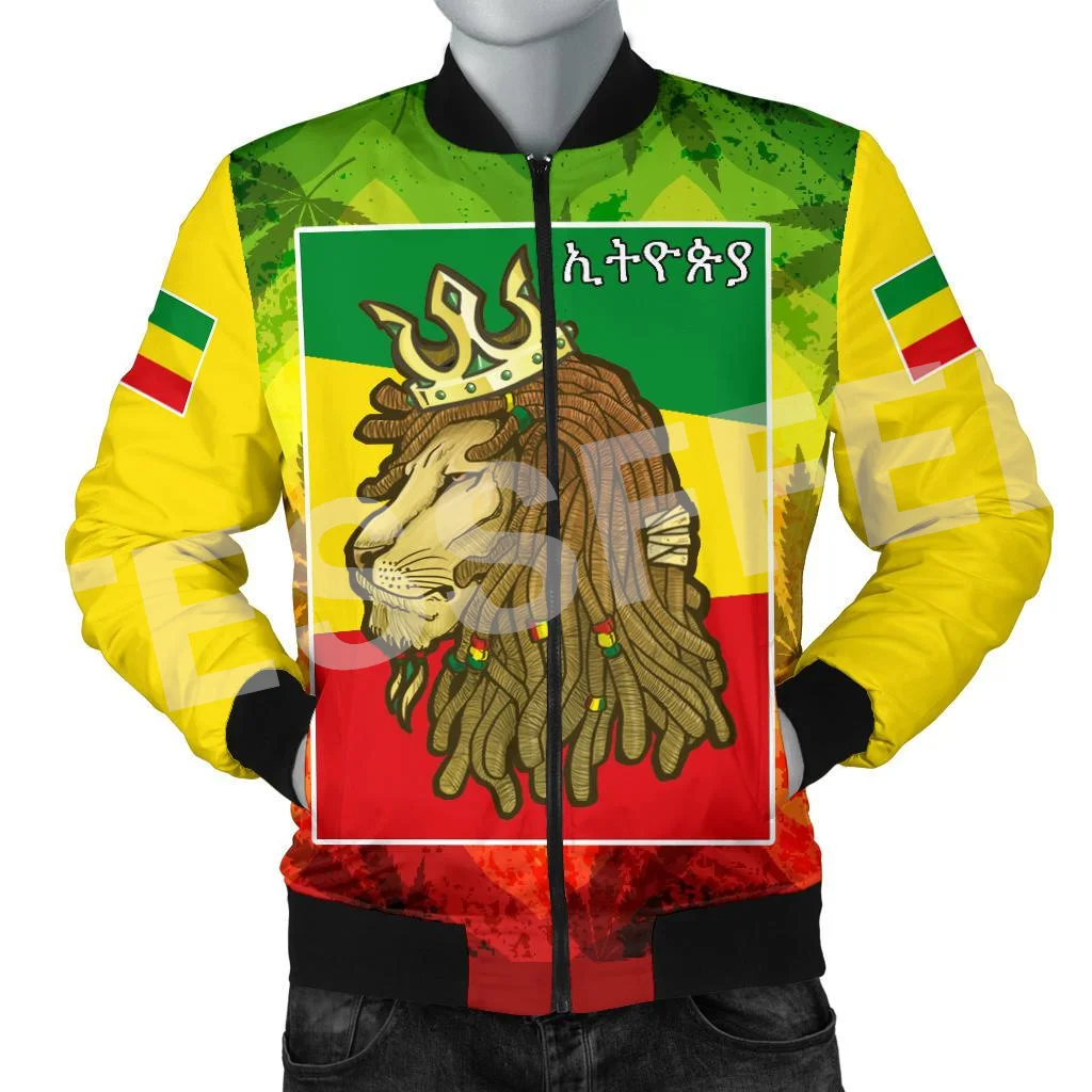 Ethiopia County Flag Kente Reggae Africa Tribe Lion Retro 3DPrint Unisex Harajuku Winter Coat Casual Windbreaker Bomber Jacket D