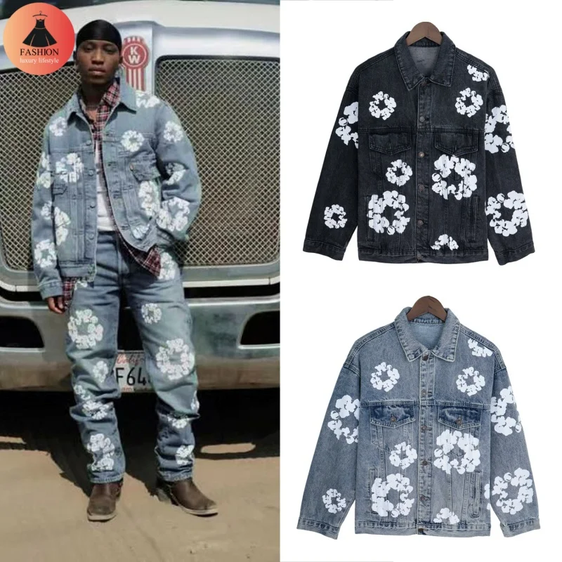 Fashion Hibiscus Printed Cottonwood Denim Jacket Blue Black Lapel High Street Mens Womens Casual Jacket