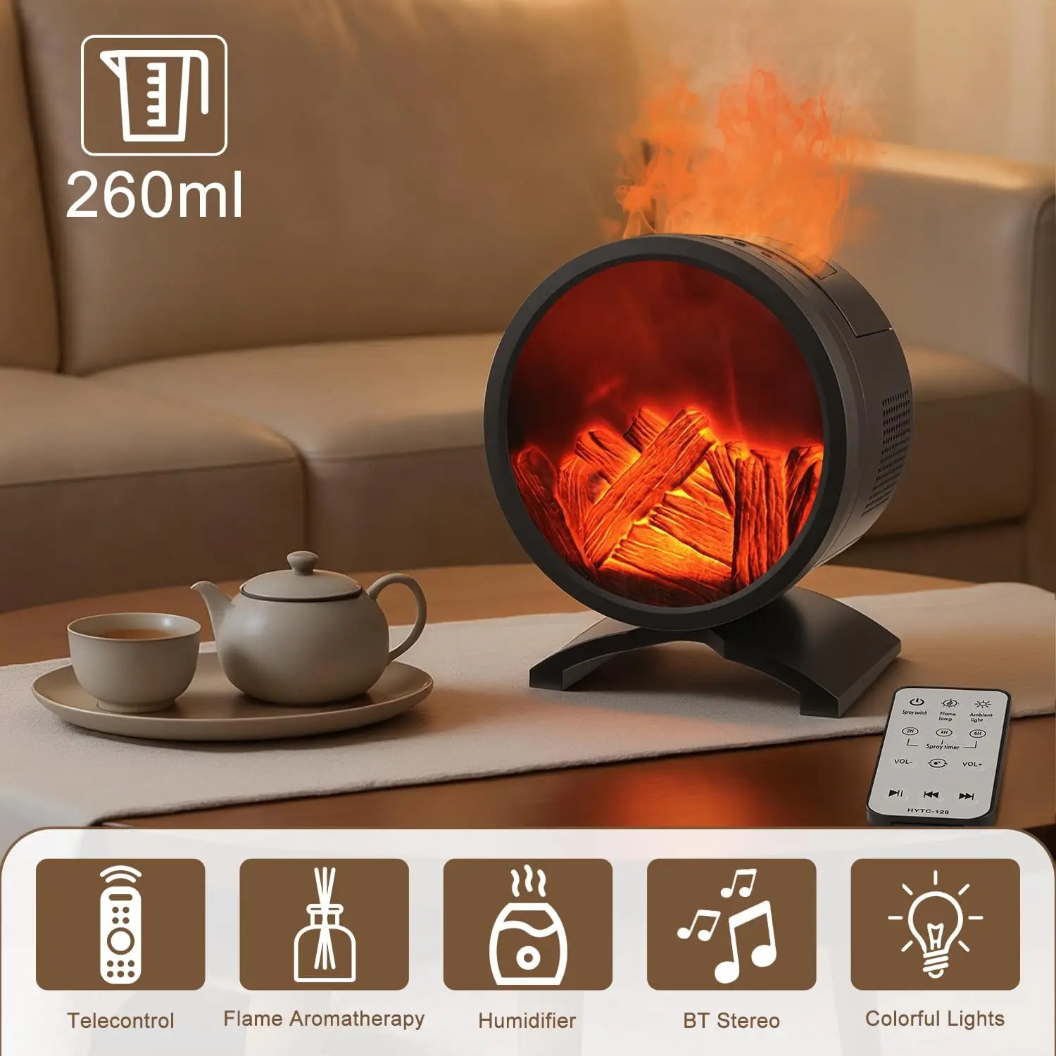 3D Simulation Fireplace Flame Atomizing Aroma Diffuser Bluetooth Speaker Small Smart Wood Grain Essential Oil Humidifier