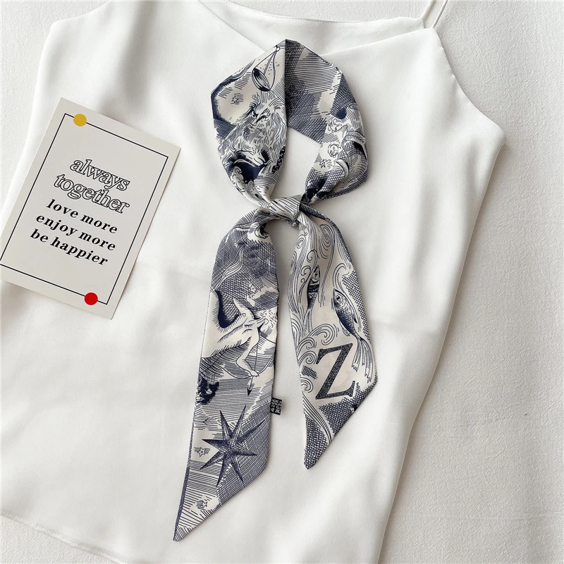 Spring Skinny Scarf Letter Print Women Hair Bands Ribbon Headband Satin Silk Scrunchies Lady Neckerchief Bandana Accessories