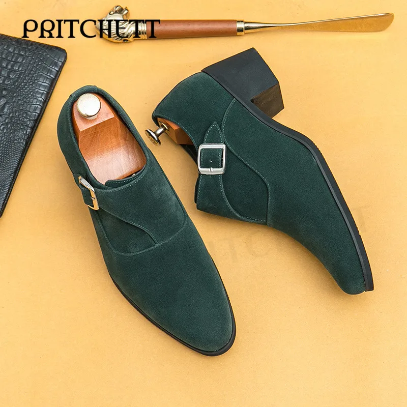 Retro Suede High Heel Leather Shoes Large Size New Fashion Thick Sole Casual Shoes Trendy High Heel Leather Shoes Men's Shoes