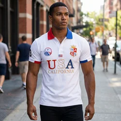 Men's polo shirt USA White Royal short casual  sport party high-end cotton embroidery luxury contrast color original design
