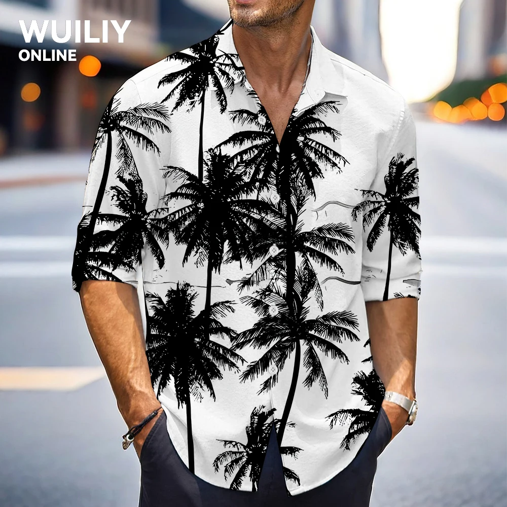 

Mens Black And White Palm Leaf Graphic Long Sleeve Button Down Shirt Casual Tree Printed Pattern Women 3D Shirts With Pocket