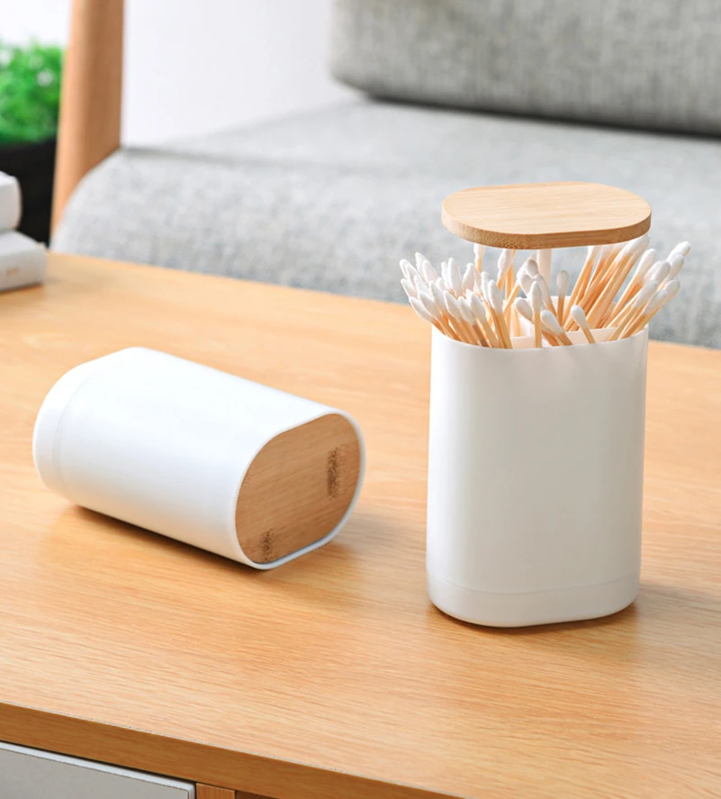 Automatic Lifting Toothpick Box Bamboo Wood Creative Press Type Toothpick Storage Box Cotton Swab Case Toothpick Jar Holder