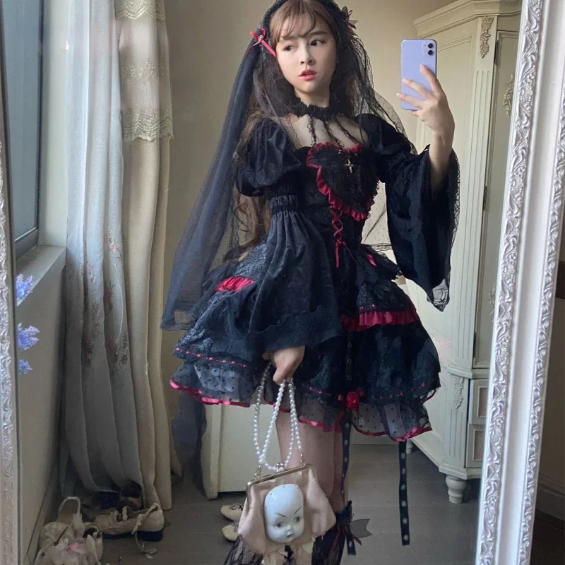 Robes de style Lolita gothique foncé pour femmes, corset bandage, col licou en dentelle victorienne, robe JSK, mode japonaise, robe de soirée de vacances