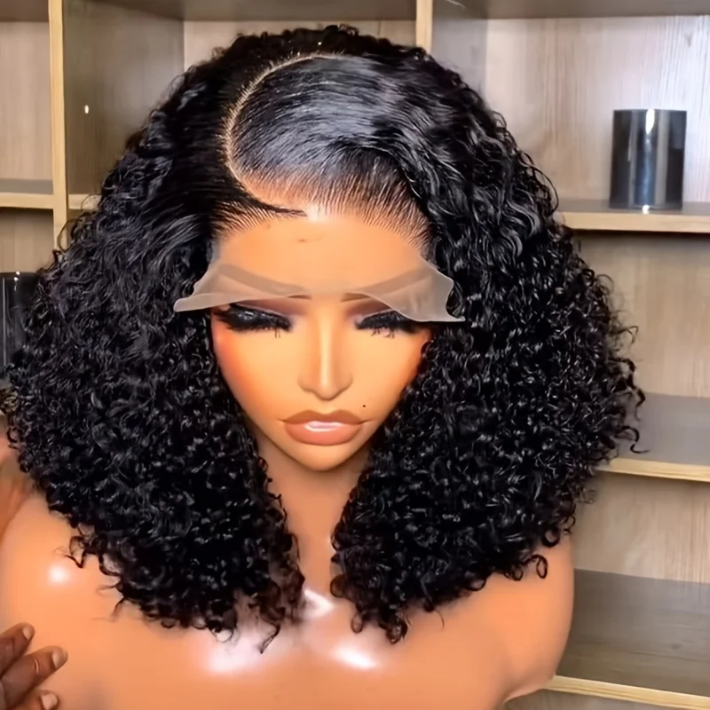 

Натуральный черный парик без клея, предварительно прорезанный, с прямым срезом, короткий боб, 14 дюймов, кудрявый, мягкий, глубокий, с кружевной передней частью 13x4, для женщин, с детской прядью (baby hair)