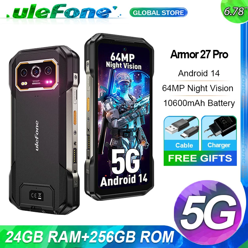 Прочный телефон Ulefone Armor 27 Pro 5G, 12 ГБ + 256 ГБ, 6,78 дюйма, 10600 мАч, аккумулятор, 33 Вт, 64 МП, камера ночного видения, Android 14 NFC-телефон