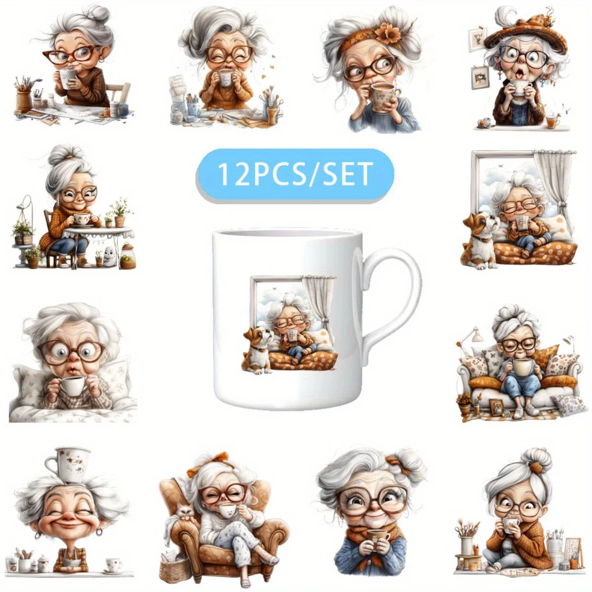 12 Stück/Set „Die alte Dame trinkt Kaffee“ DIY Skinny Tumbler Wrap, dekoratives Transferpapier, UV DTF, selbstklebende Wraps