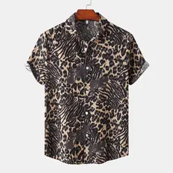 2024 Summer Men's Shirt Fashion Leopard Button Up Short Sleeve Men Shirt Tops Sexy 5XL Casual Streetwear Shirts Tees For Male