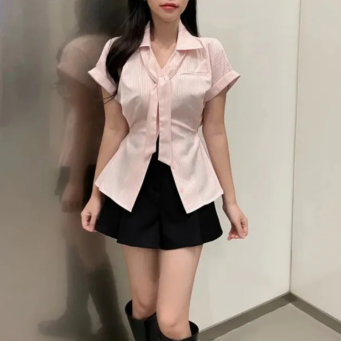 

Модная женская рубашка в корейском стиле с завязками на талии, утягивающая фигуру, с коротким рукавом, отложным воротником, стандартной длины