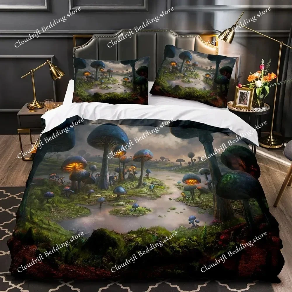 

Mushroom Fairy Forest Duvet Cover Magic Lilliputian Cartoon Fungus Plant Bedding Set Fantasy Garden Polyester Comforter Cover