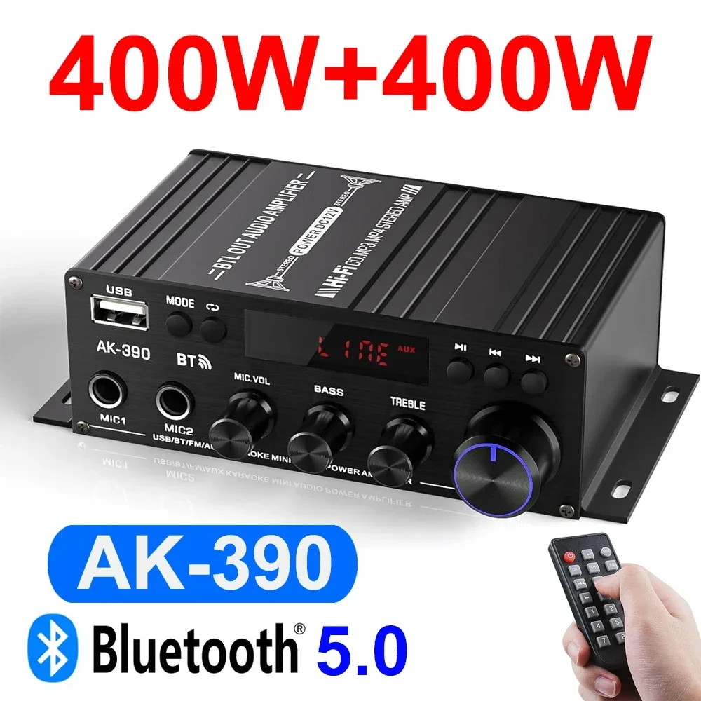 

HiFi Power Amplifier AK390 Bluetooth 5.0 Digital AMP BASS Media Player Supports FM Radio AUX Microphone Input 12V3A EUUS UK Plug